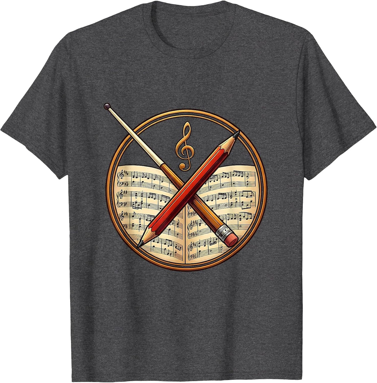 Music Teacher Conductor Baton and Pencil Graphic T-Shirt - Dark Heather Grey
