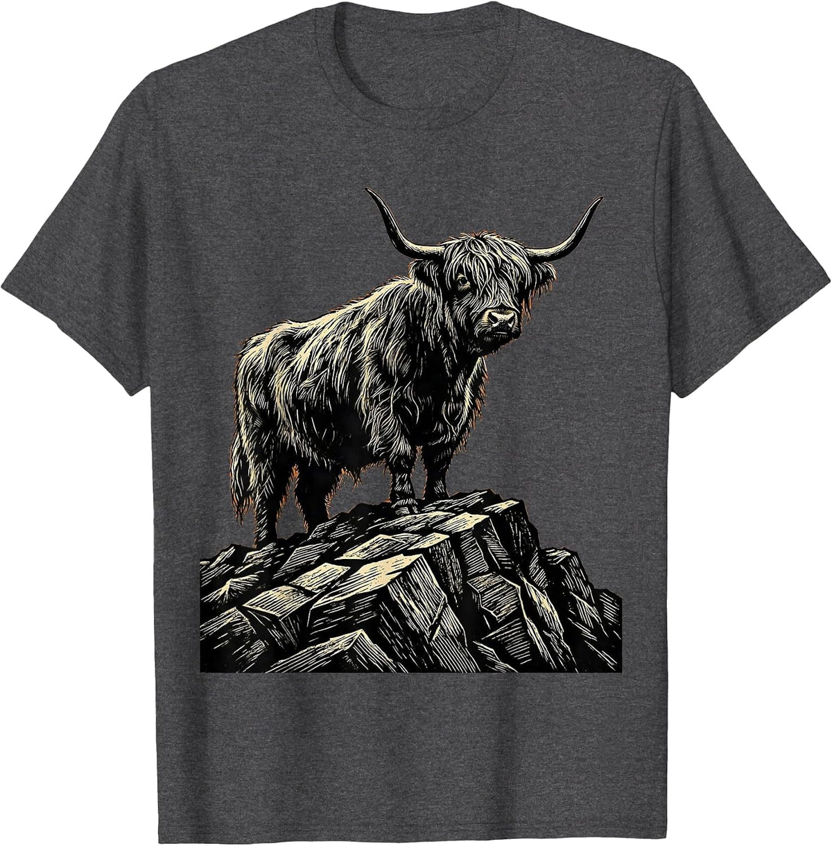 Highland Cow Mountain Peak Graphic T-Shirt - Dark Heather Grey