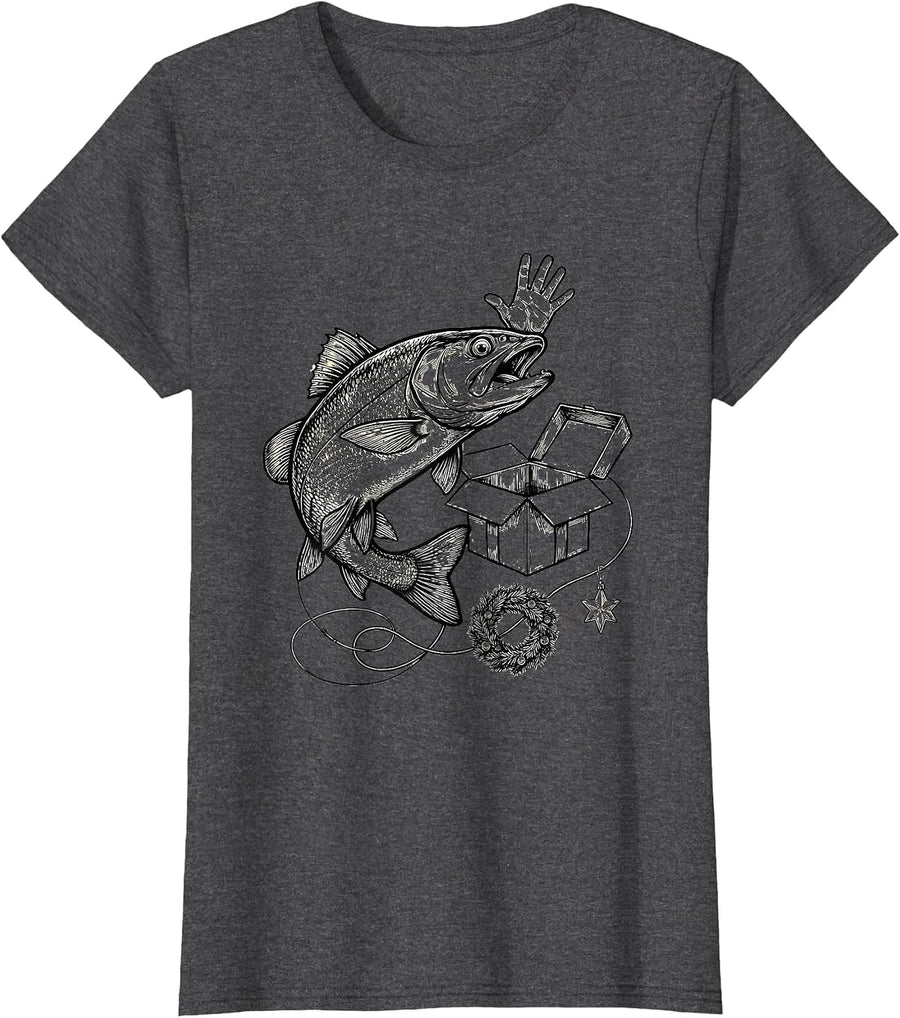Women's Cheerful Trout Gift Box Christmas Fishing Humor T-Shirt - Dark Heather Grey