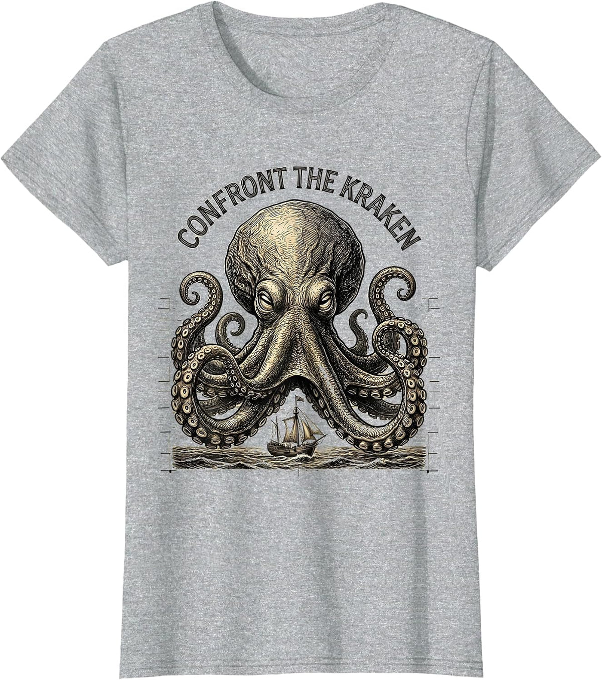 Confront The Kraken Vintage Illustration Octopus Lover Sea T-Shirt - Heather Grey