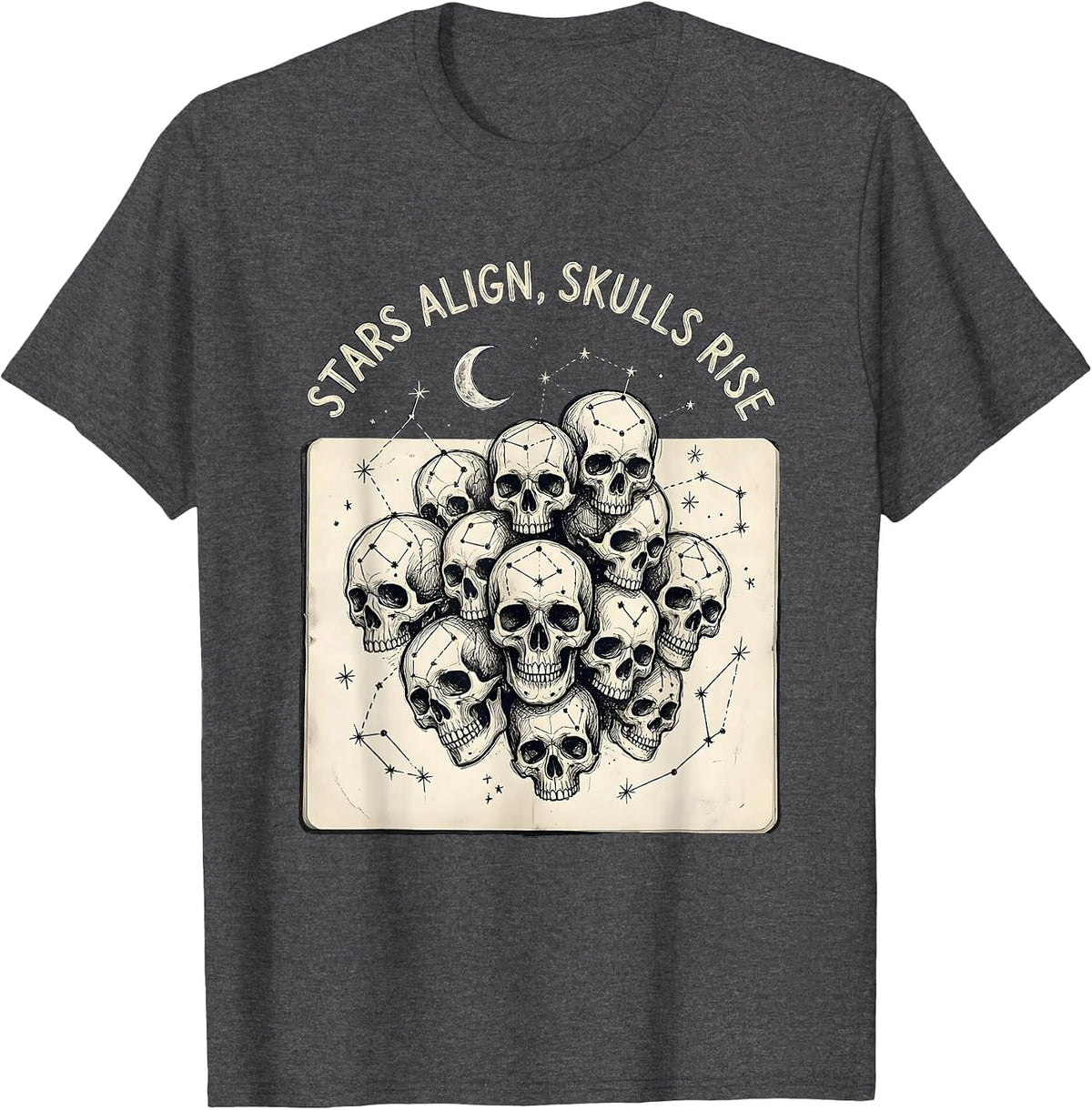 Men's Halloween Tarot Stars Align Skulls Rise Design T-Shirt - Dark Heather Grey
