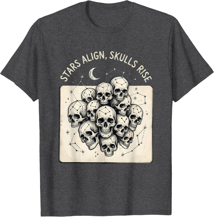 Men's Halloween Tarot Stars Align Skulls Rise Design T-Shirt - Dark Heather Grey