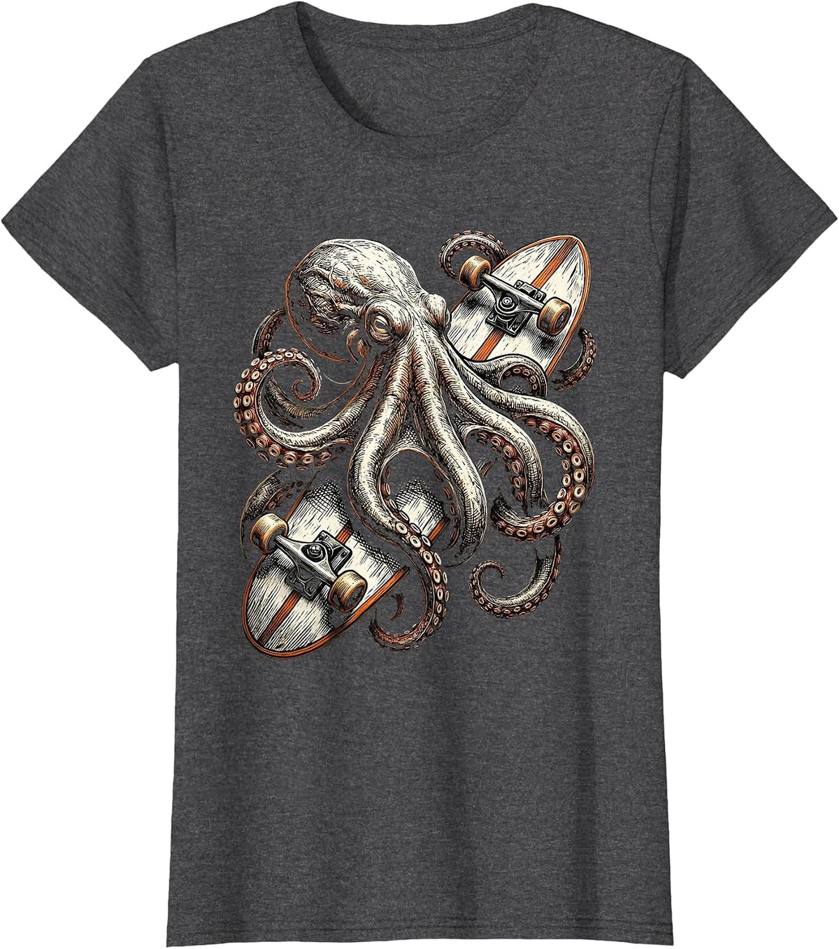 Women's Octopus Surfboard Surf Art Graphic Tee T-Shirt - Dark Heather Grey