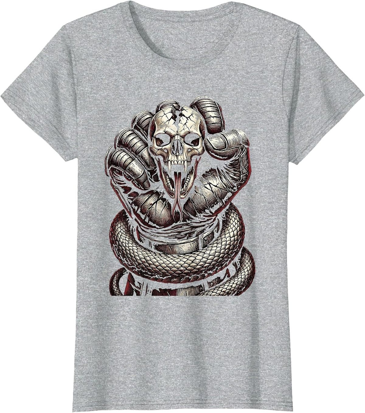 Women's Gloved Fist Crushing Serpent Skull Graphic T-Shirt - Heather Grey