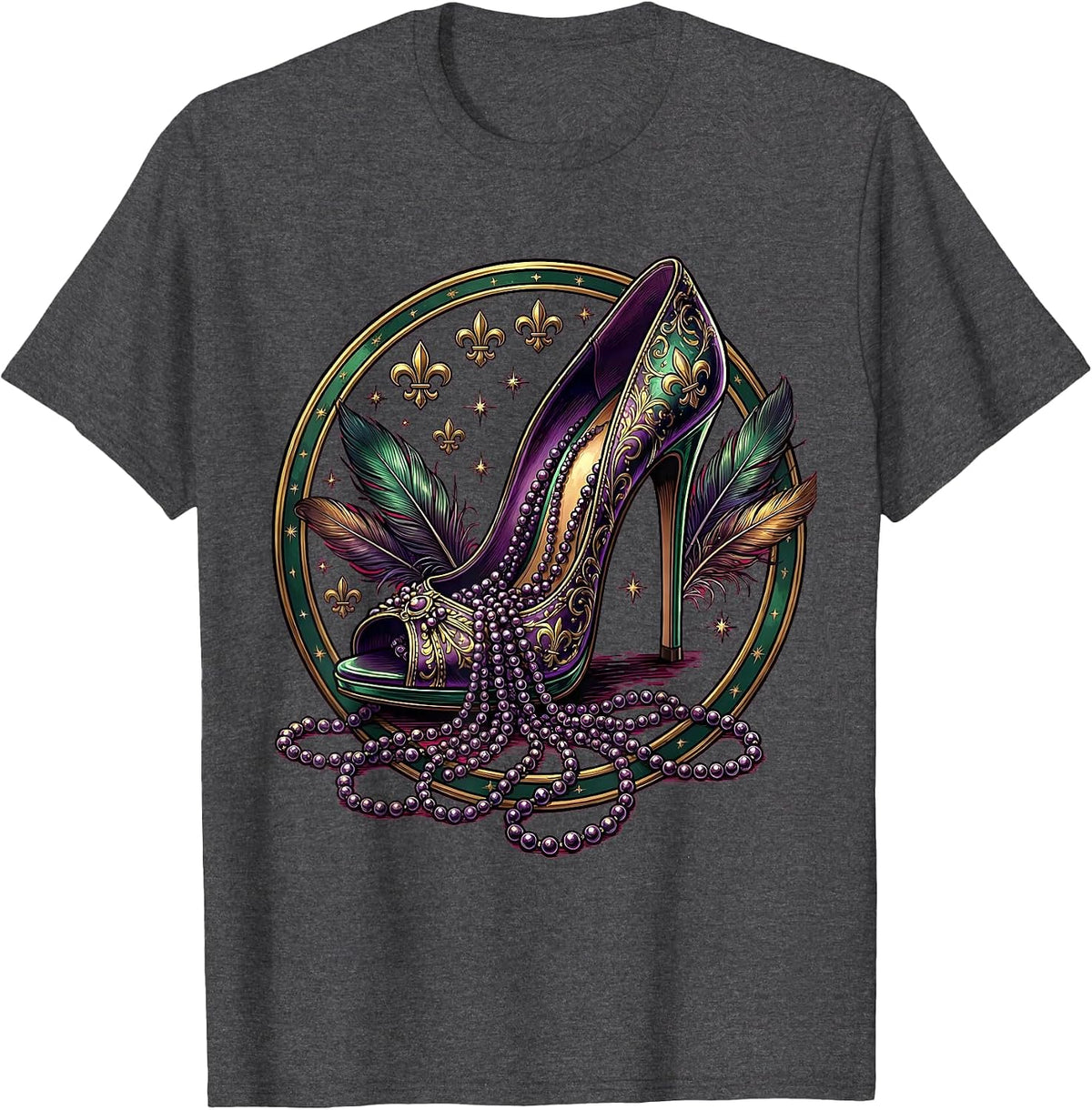 Mardi Gras High Heel Beads Festive Illustration T-Shirt - Dark Heather Grey
