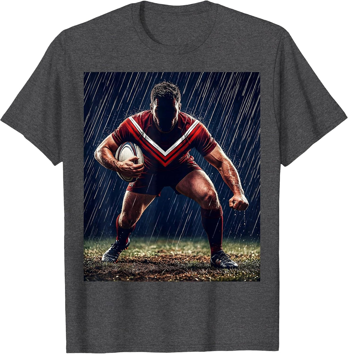 Rugby Flanker Charging Through Rain Illustration T-Shirt - Dark Heather Grey