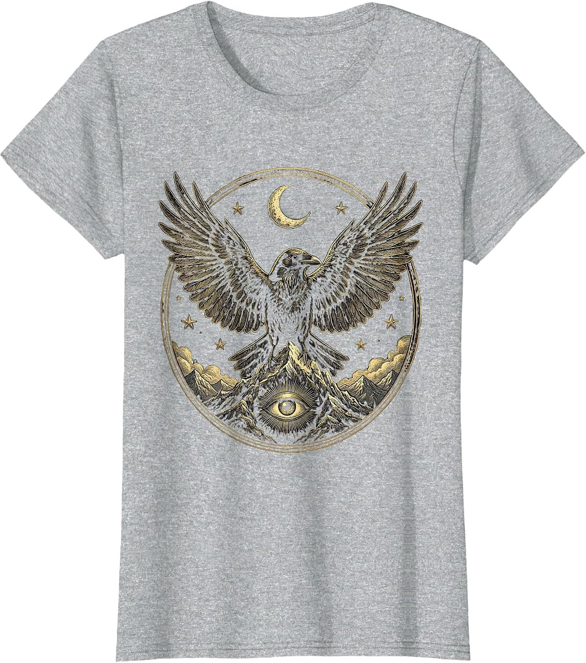 Women's Crow Wings Wide Over Mountain Peak Illustration T-Shirt - Heather Grey