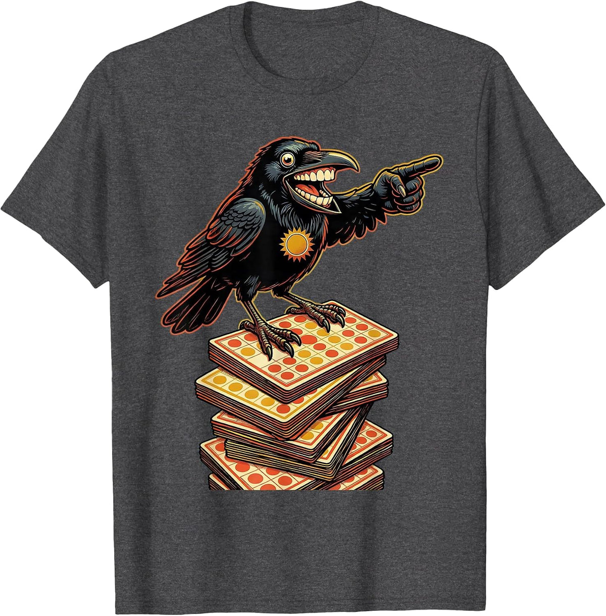 Crow Perched on Bingo Cards Illustration T-Shirt - Dark Heather Grey
