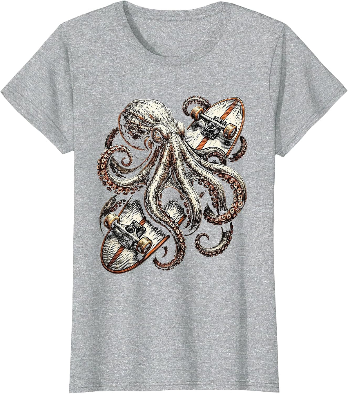 Women's Octopus Surfboard Surf Art Graphic Tee T-Shirt - Heather Grey