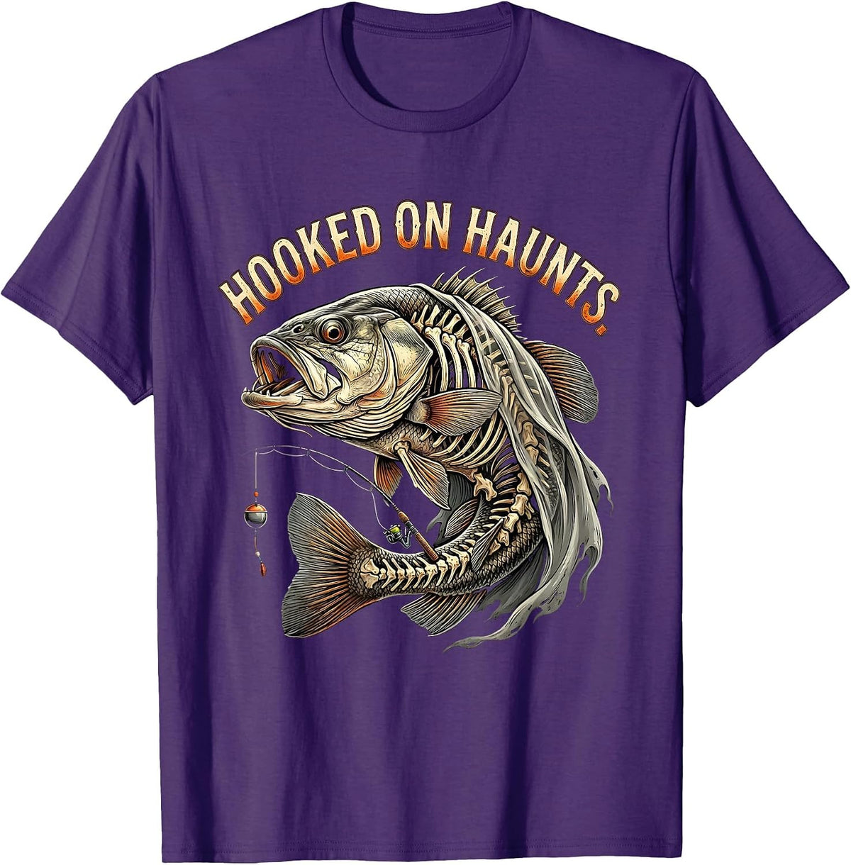 Hooked on Haunts Skeleton Fishing Halloween Costume Funny T-Shirt - Purple