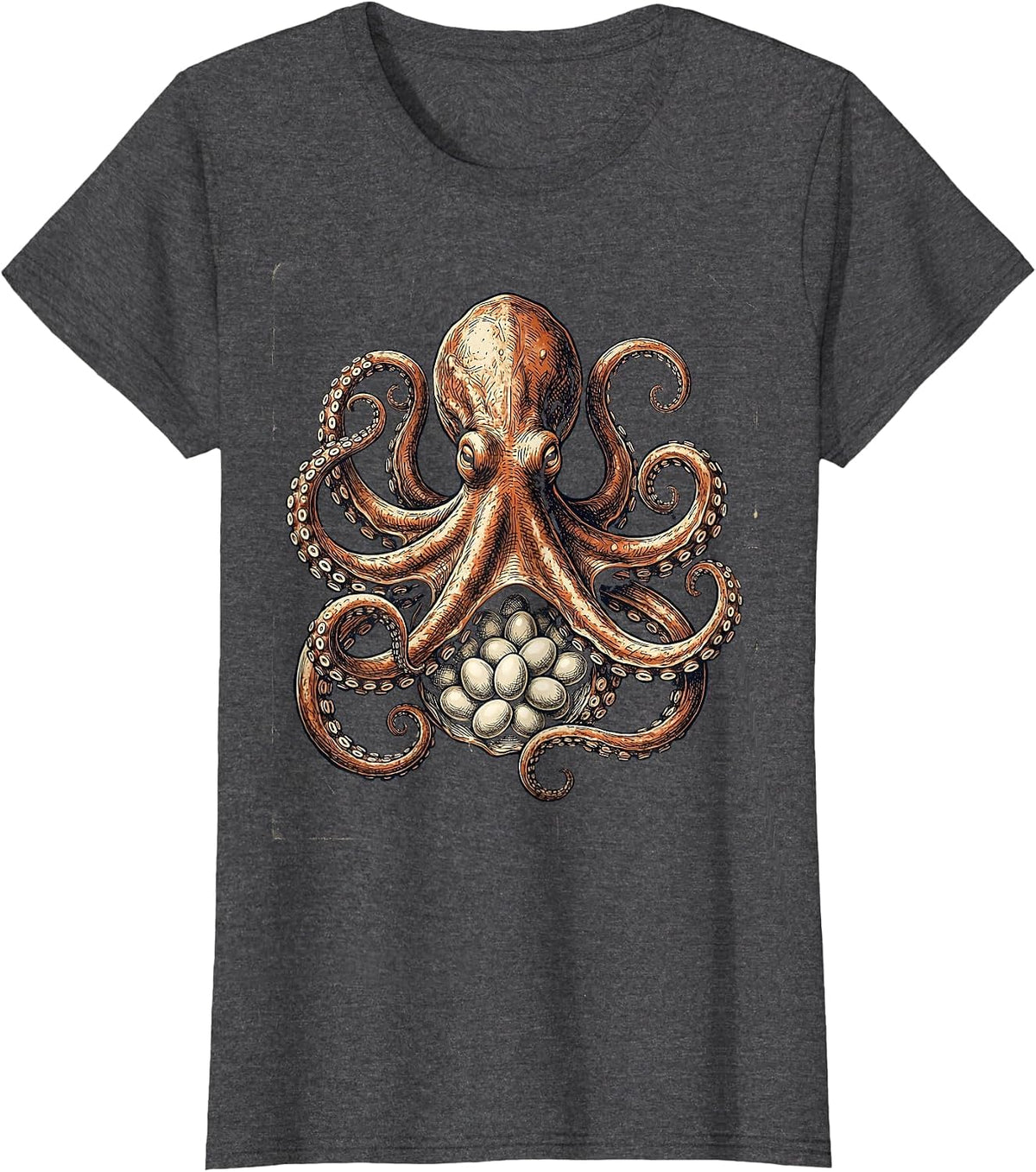 Women's Mother Octopus Guarding Eggs Mama Ocean Art T-Shirt - Dark Heather Grey