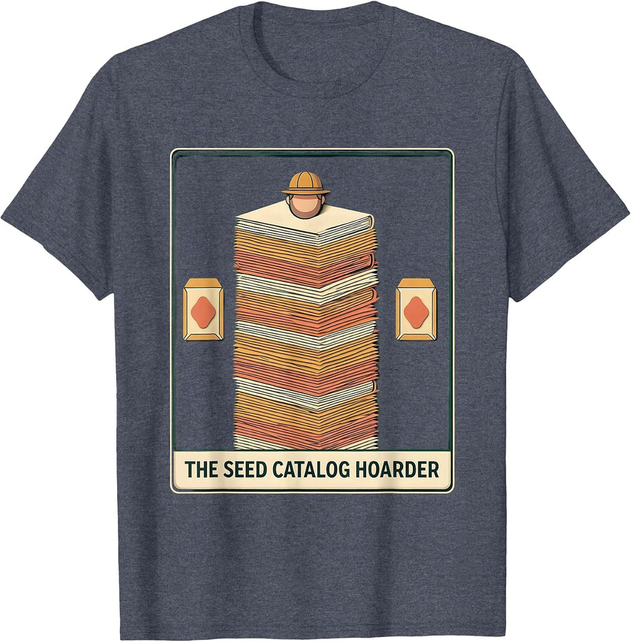 The Seed Catalog Hoarder Paper Cutout Gardener Humor T-Shirt - Heather Blue