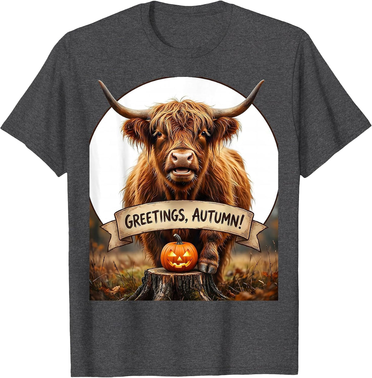 Greetings, Autumn! Whimsical Highland Cow Fall Halloween T-Shirt - Dark Heather Grey