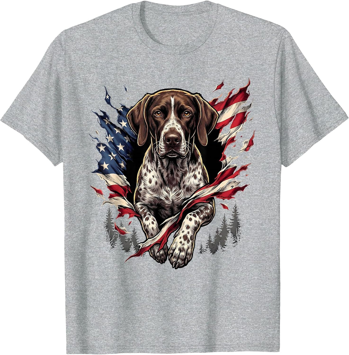 German Shorthaired Pointer American Flag GSP 4th of July T-Shirt - Heather Grey