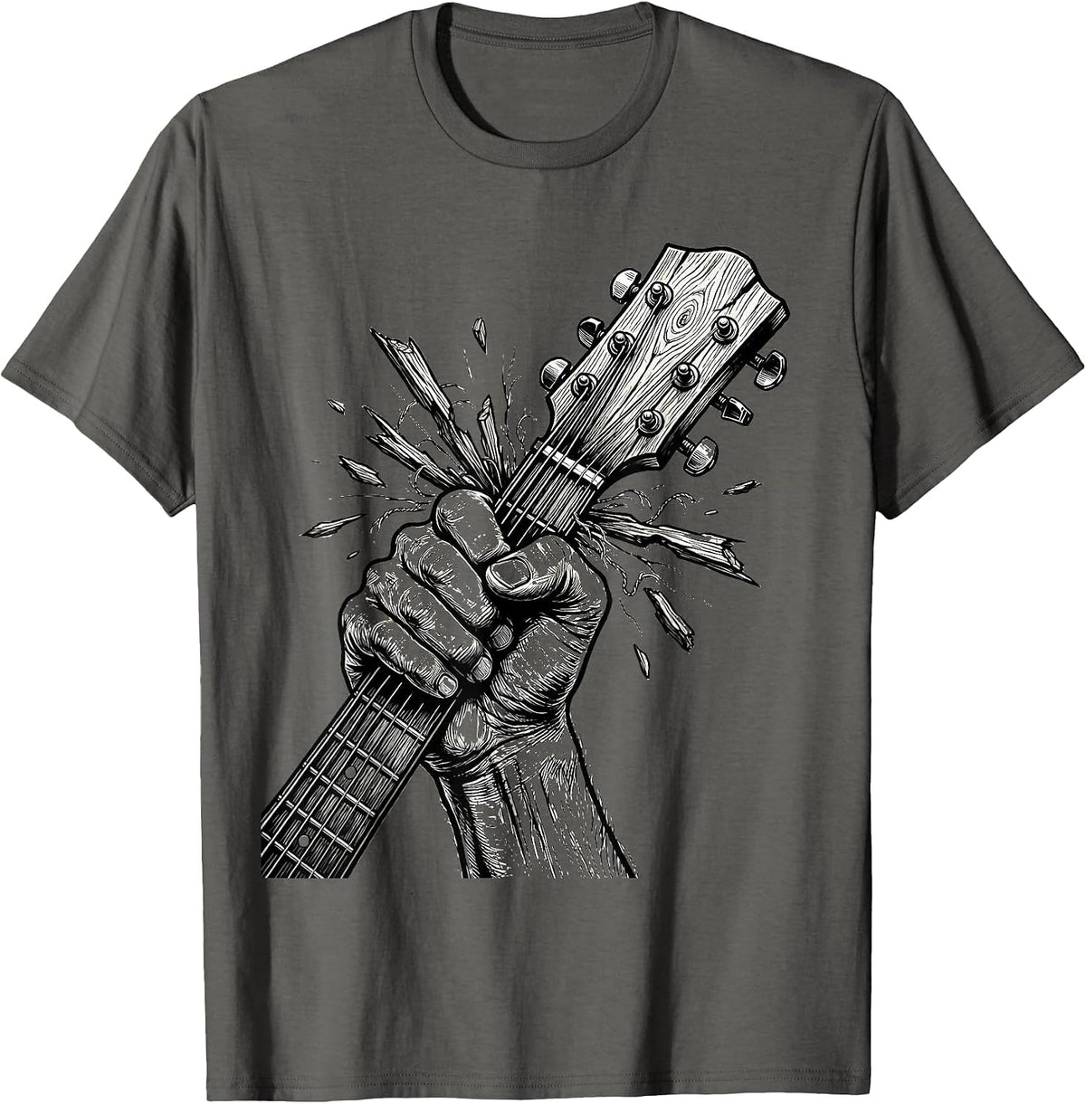 Clenched Fist Broken Guitar Neck Rock Music Art T-Shirt - Asphalt Grey