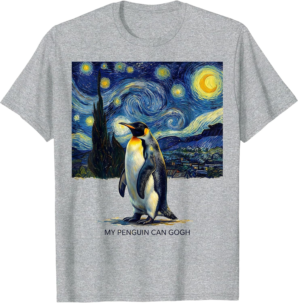 Men's My Penguin Can Gogh Funny Animal Art Parody Van Gogh Starry T-Shirt - Heather Grey