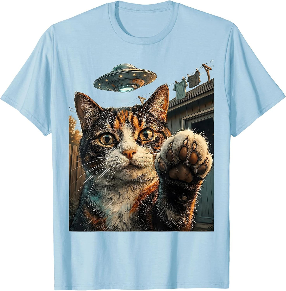 Men's Startled Cat UFO Selfie Funny Cat Lover Gift T-Shirt - Baby Blue