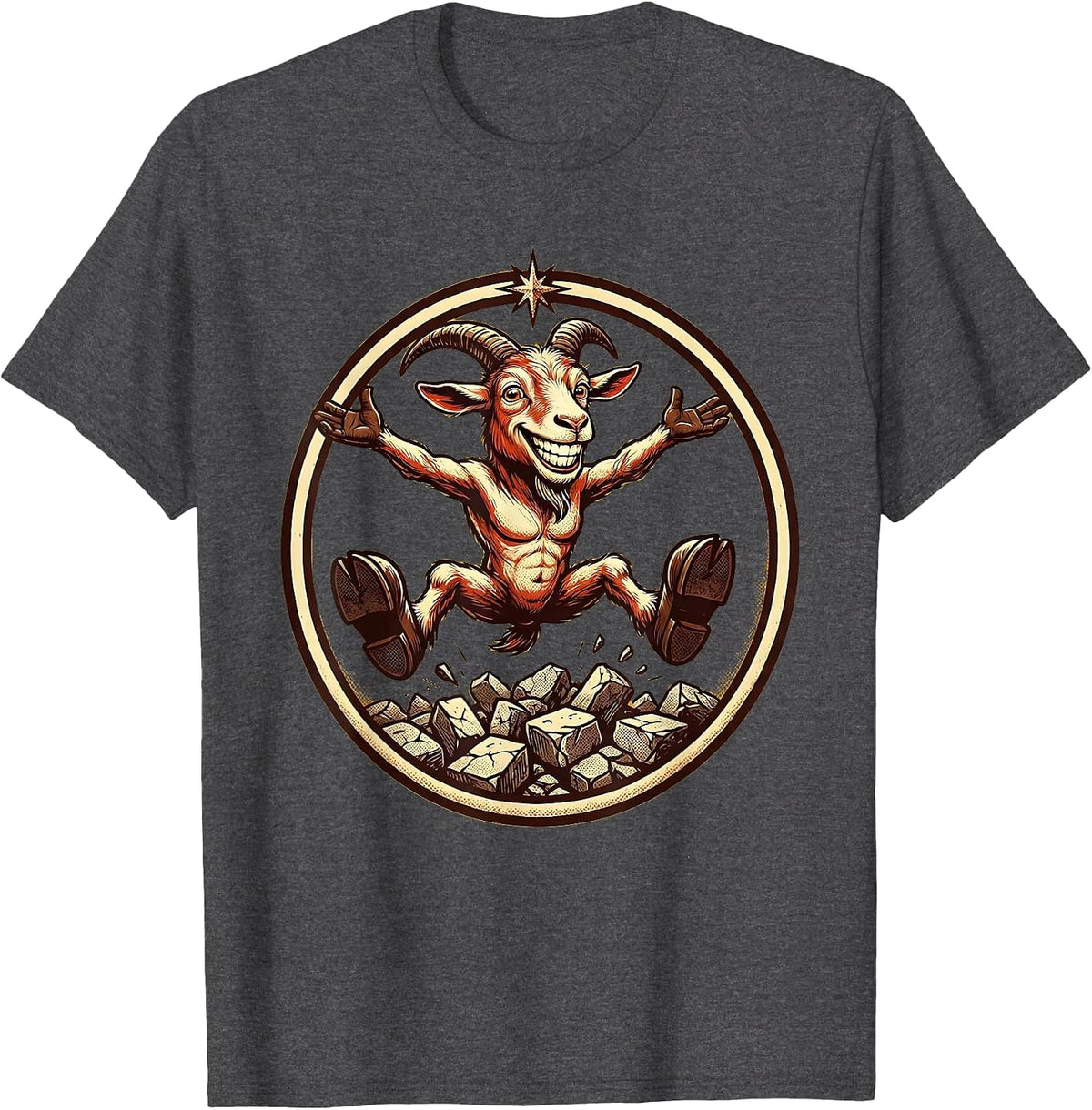 Goat Mid-Leap Over Crumbling Stone Wall T-Shirt - Dark Heather Grey