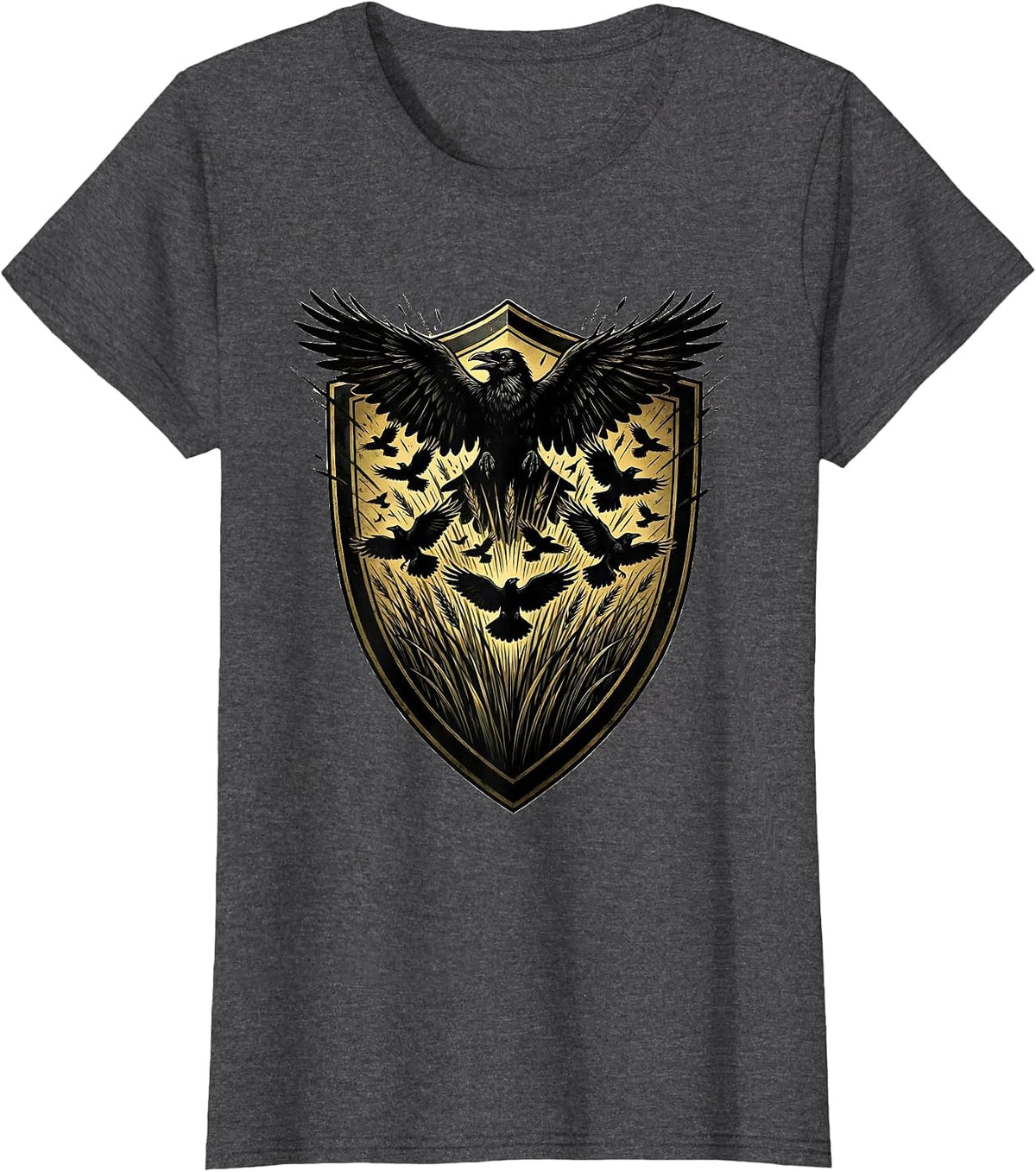 Women's Crows Bursting From Tall Grass Illustration T-Shirt - Dark Heather Grey