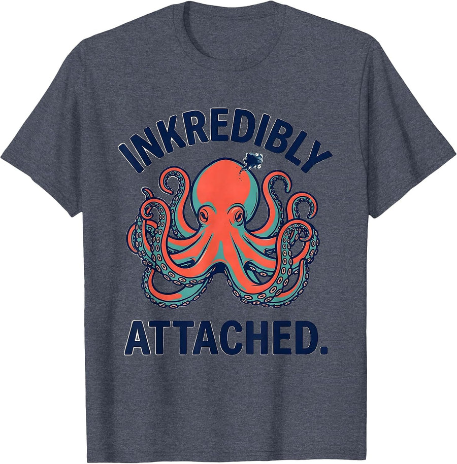 Inkredibly Attached Whimsical Vintage Octopus Ocean Wildlife T-Shirt - Heather Blue