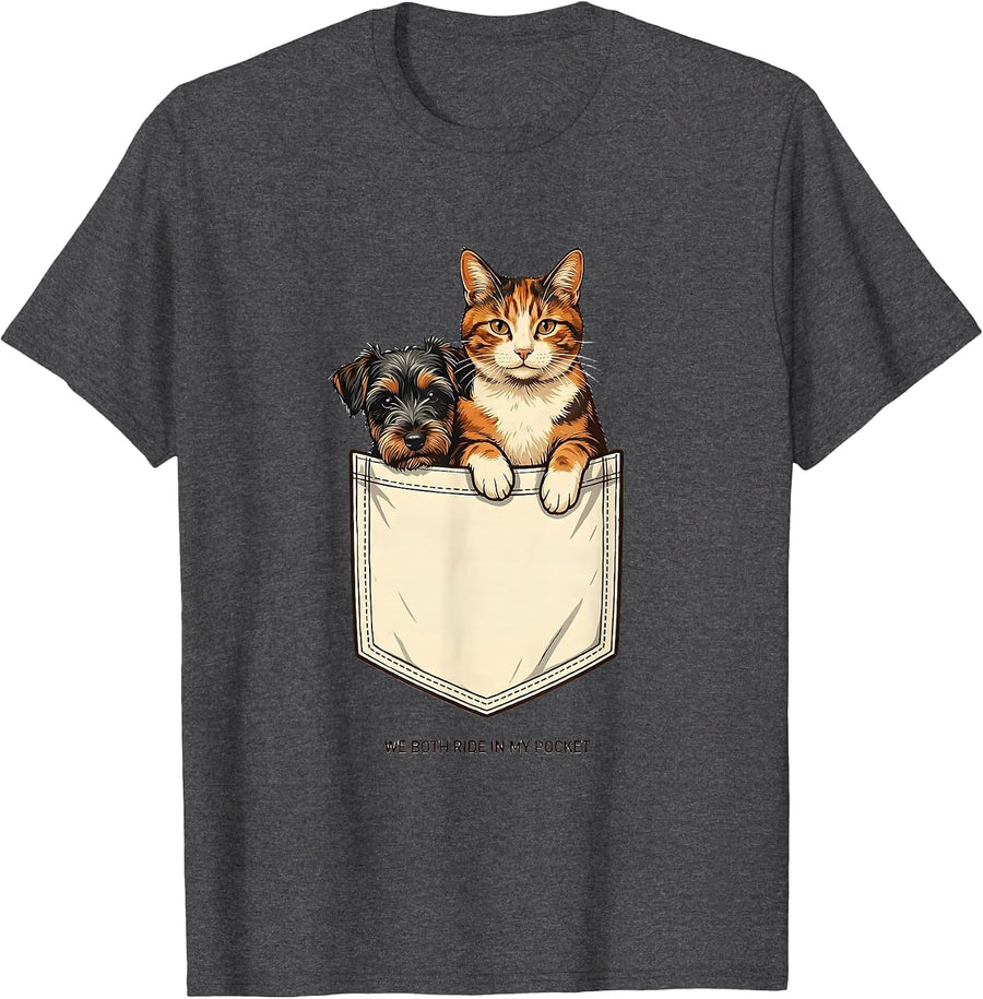 Men's We Both Ride In My Pocket Playful Cat And Dog Pet Lover Gift T-Shirt - Dark Heather Grey