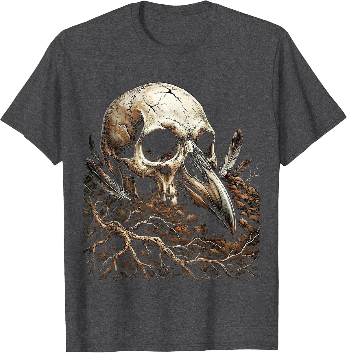 Crow Skull Half Buried in Dirt Dark Gothic Art T-Shirt - Dark Heather Grey