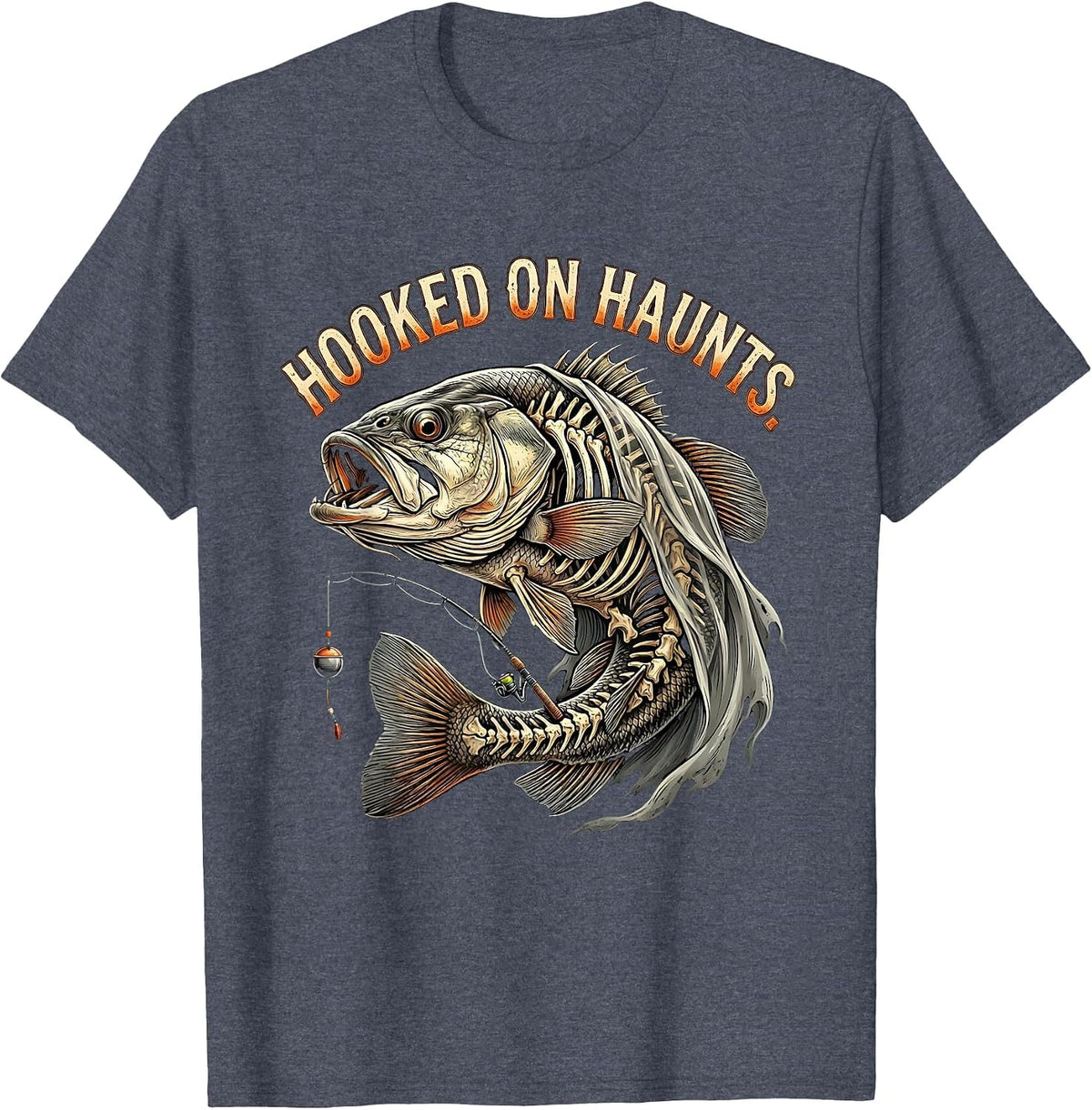 Hooked on Haunts Skeleton Fishing Halloween Costume Funny T-Shirt - Heather Blue