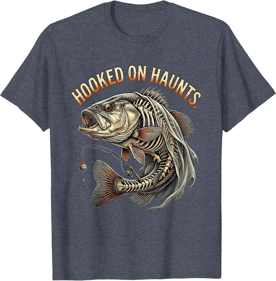Hooked on Haunts Skeleton Fishing Halloween Costume Funny T-Shirt - Heather Blue
