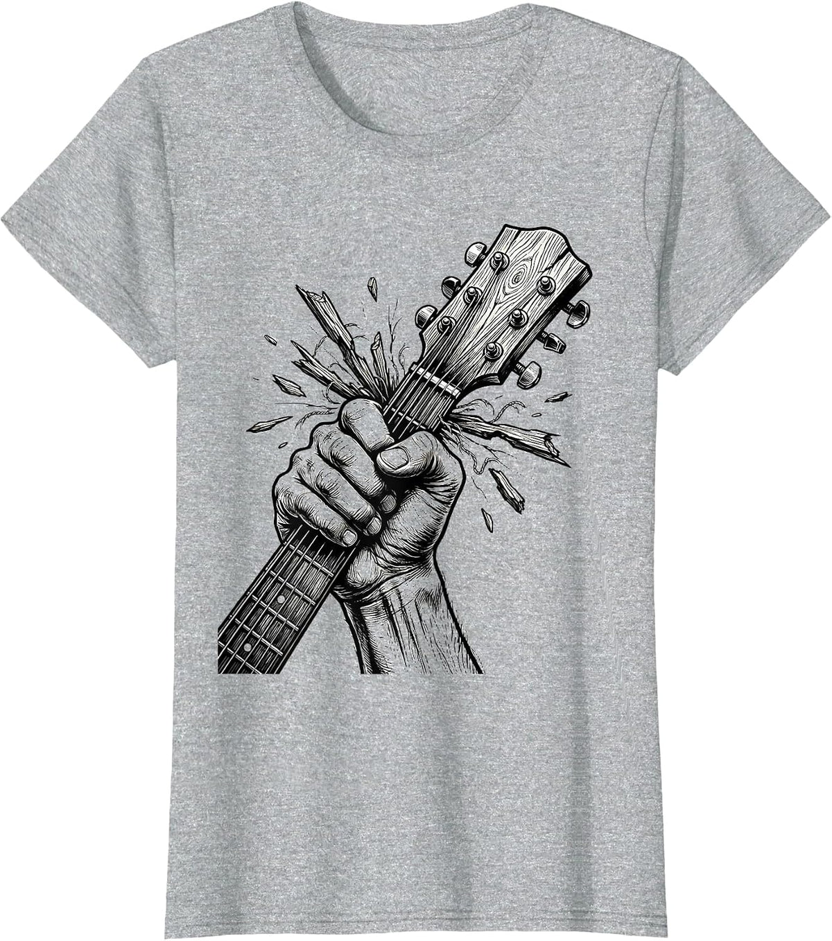 Clenched Fist Broken Guitar Neck Rock Music Art T-Shirt - Heather Grey
