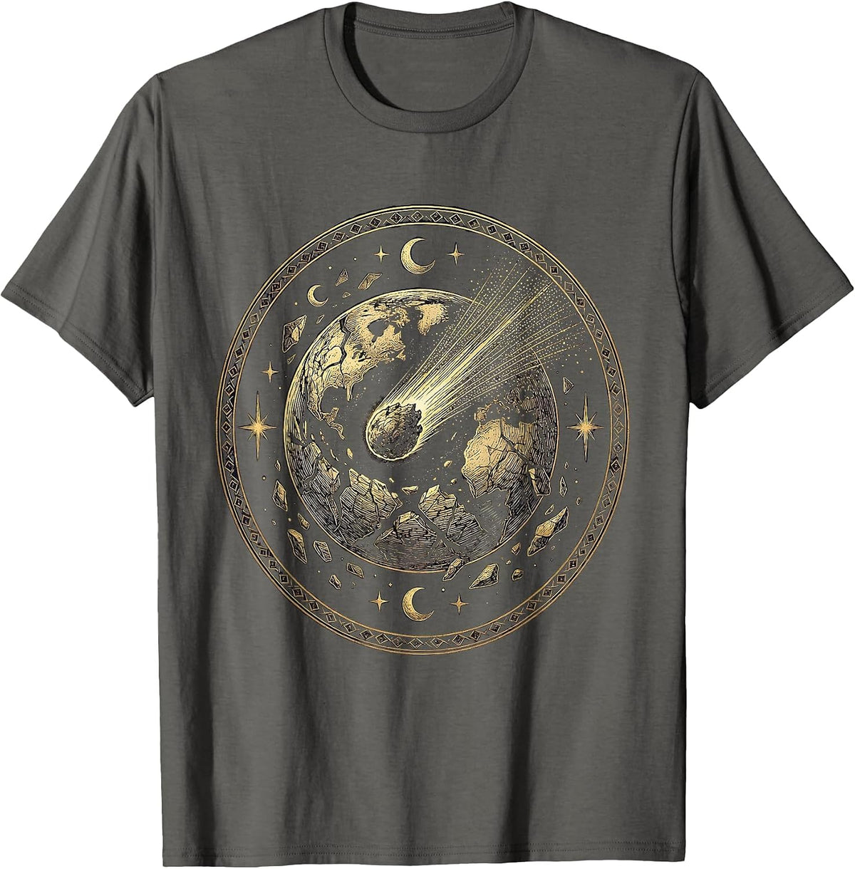Comet and Crumbling Planet Space Art Design T-Shirt - Asphalt Grey