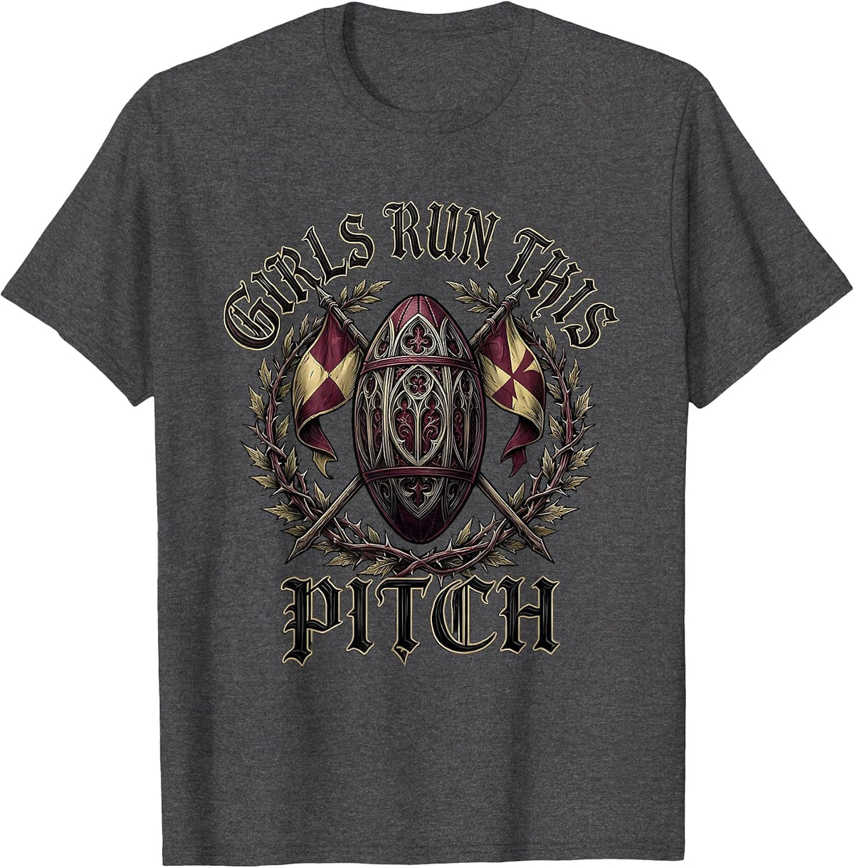 Girls Run This Pitch Rugby Design T-Shirt - Dark Heather Grey