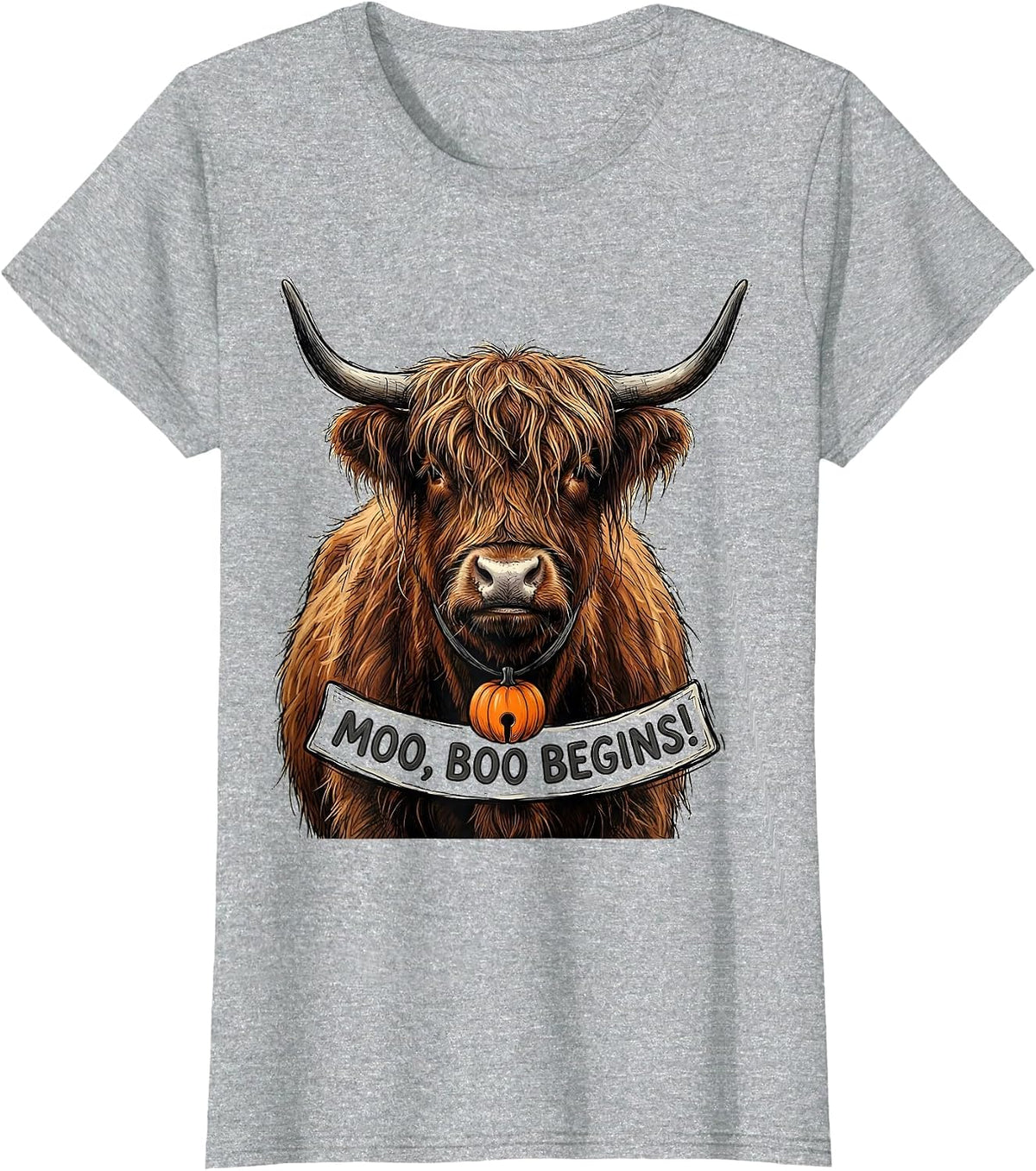 Moo, Boo Begins Funny Highland Cow Fall Halloween Humor T-Shirt - Heather Grey