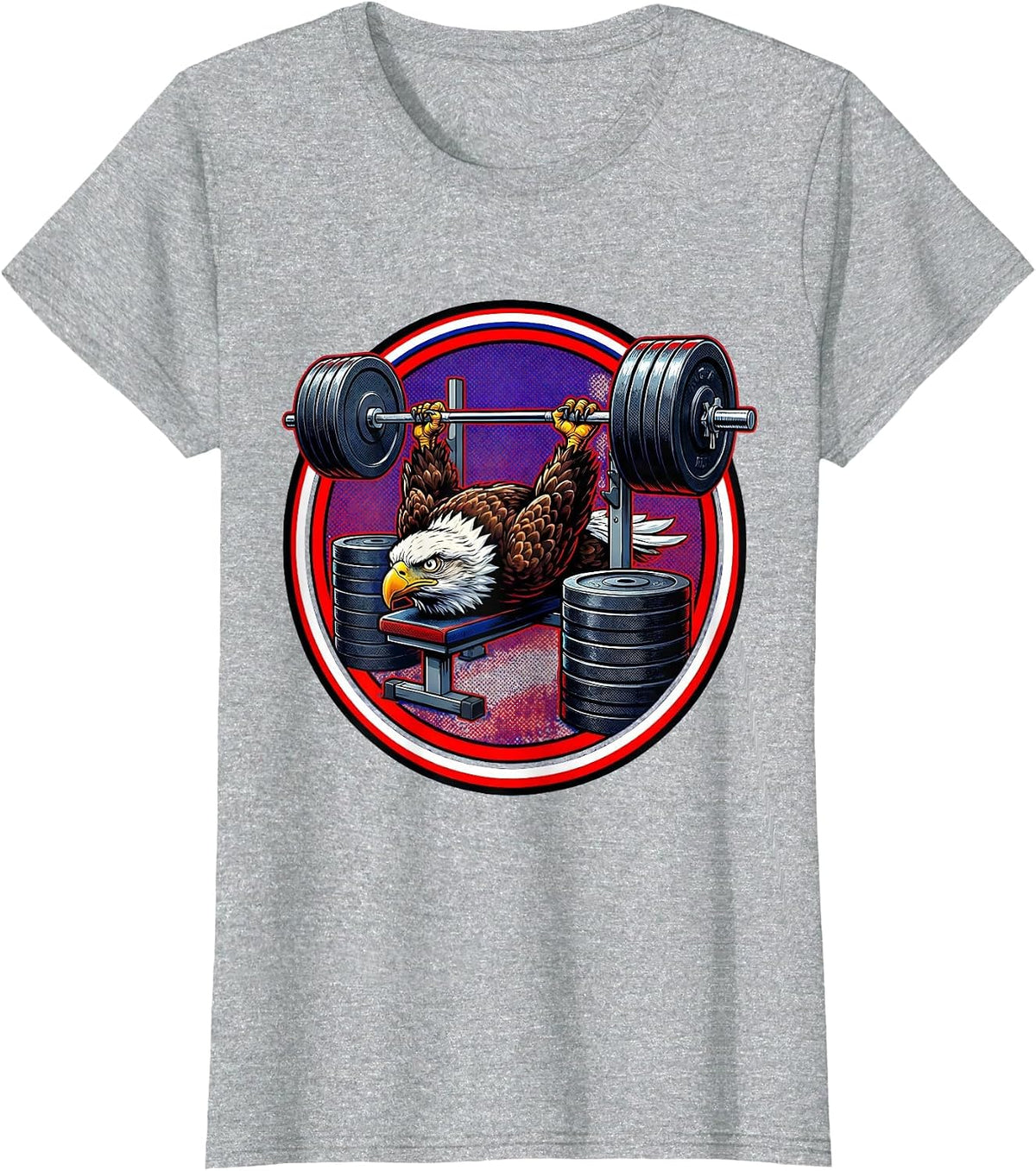 Bald Eagle Bench Press Funny Weightlifting Graphic T-Shirt - Heather Grey