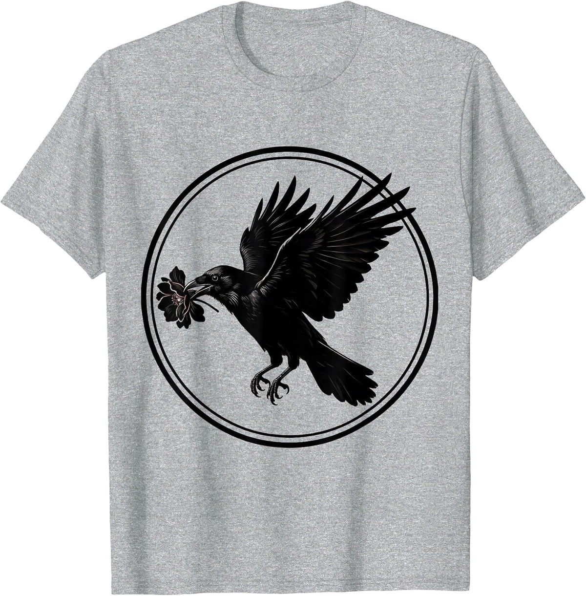 Men's Crow With Flower in Beak Illustration T-Shirt - Heather Grey