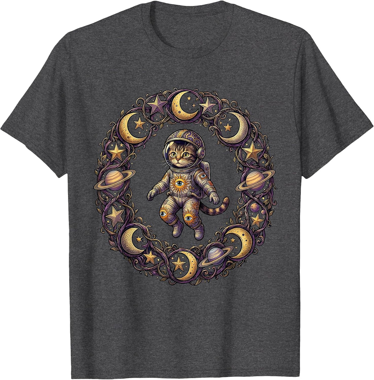 Men's Cat Astronaut Floating in Outer Space Illustration T-Shirt - Dark Heather Grey
