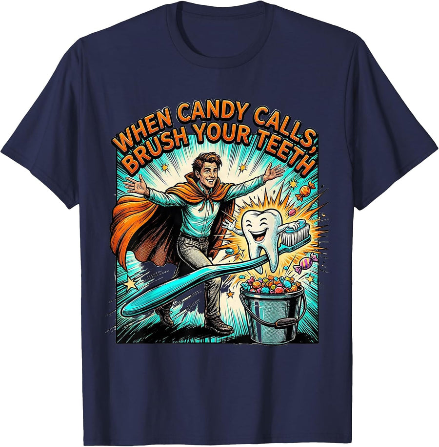 When Candy Calls Brush Your Teeth Halloween Dentist Dental T-Shirt - Navy Blue