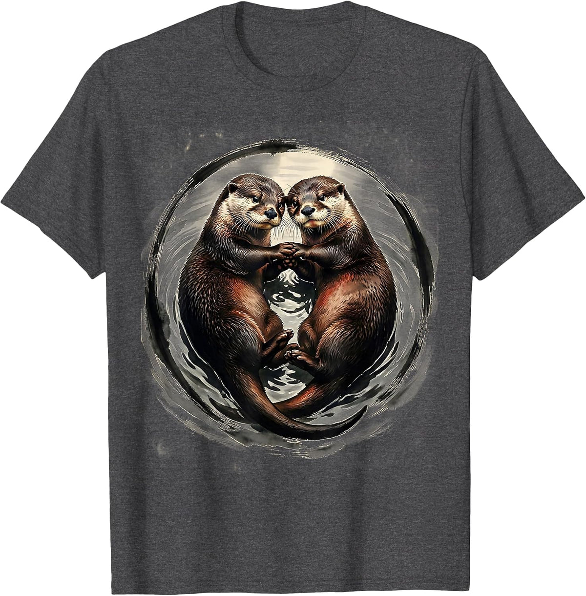 Sleeping Otters Holding Hands Cute Wildlife Art T-Shirt - Dark Heather Grey