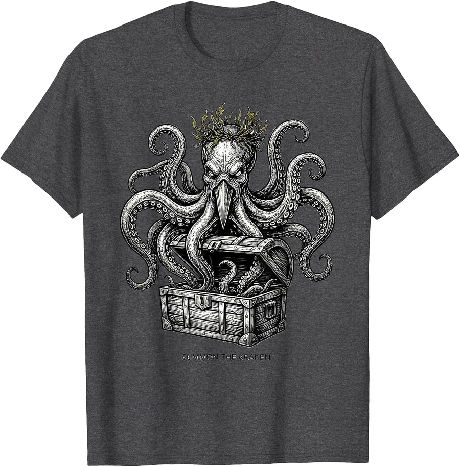 Men's Summon The Kraken Line Art Octopus Vintage Japanese Sea T-Shirt - Dark Heather Grey