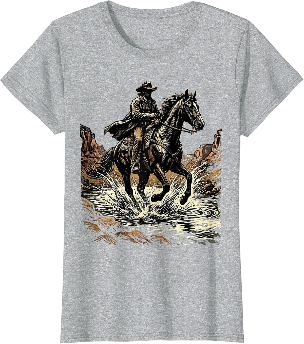 Women's Cowboy on Horseback River Crossing Graphic T-Shirt - Heather Grey