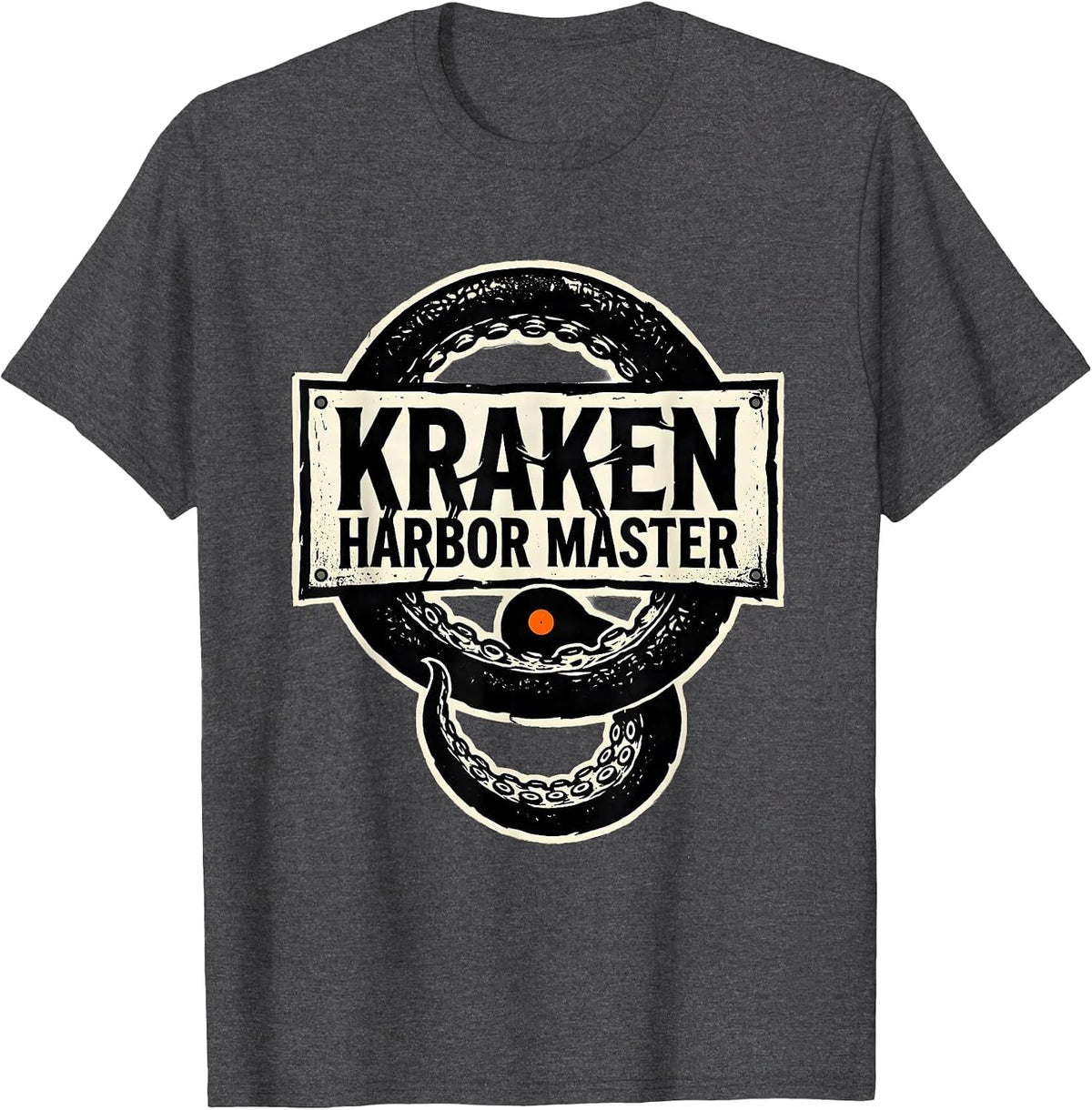 Men's Kraken Harbor Master Stenciled Tentacle Octopus Lover T-Shirt - Dark Heather Grey