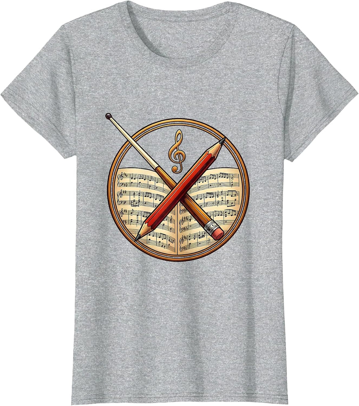 Music Teacher Conductor Baton and Pencil Graphic T-Shirt - Heather Grey