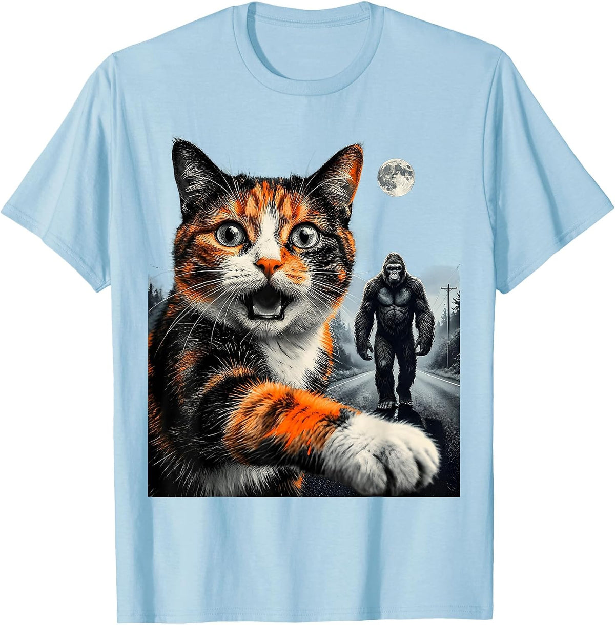 Men's Oversized Cat Bigfoot Selfie Funny Cryptid Meme Humor T-Shirt - Baby Blue