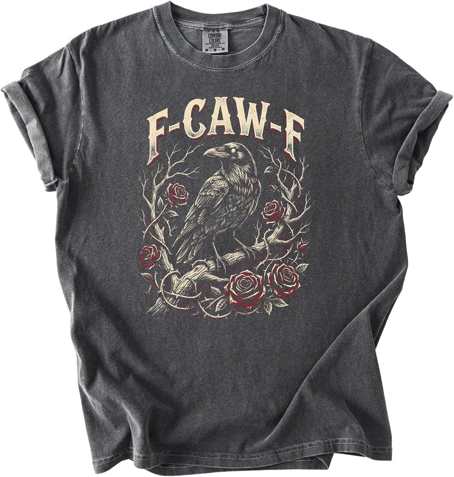 F-CAW-F Raven Garment-Dyed Tee, Funny Crow Pun Floral Graphic Shirt - Pepper