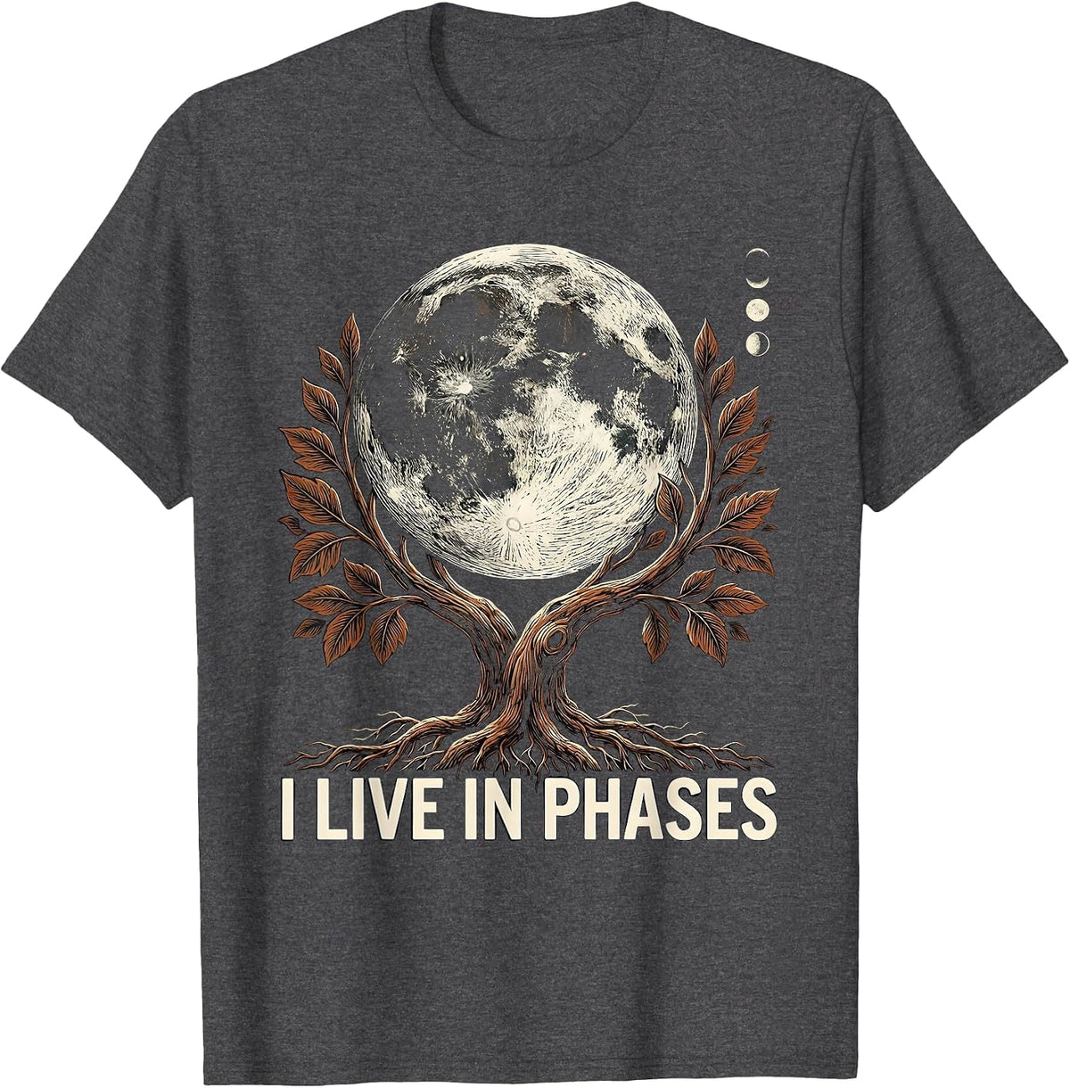 I Live In Phases Mystic Moon Phases Boho Celestial Botanical T-Shirt - Dark Heather Grey