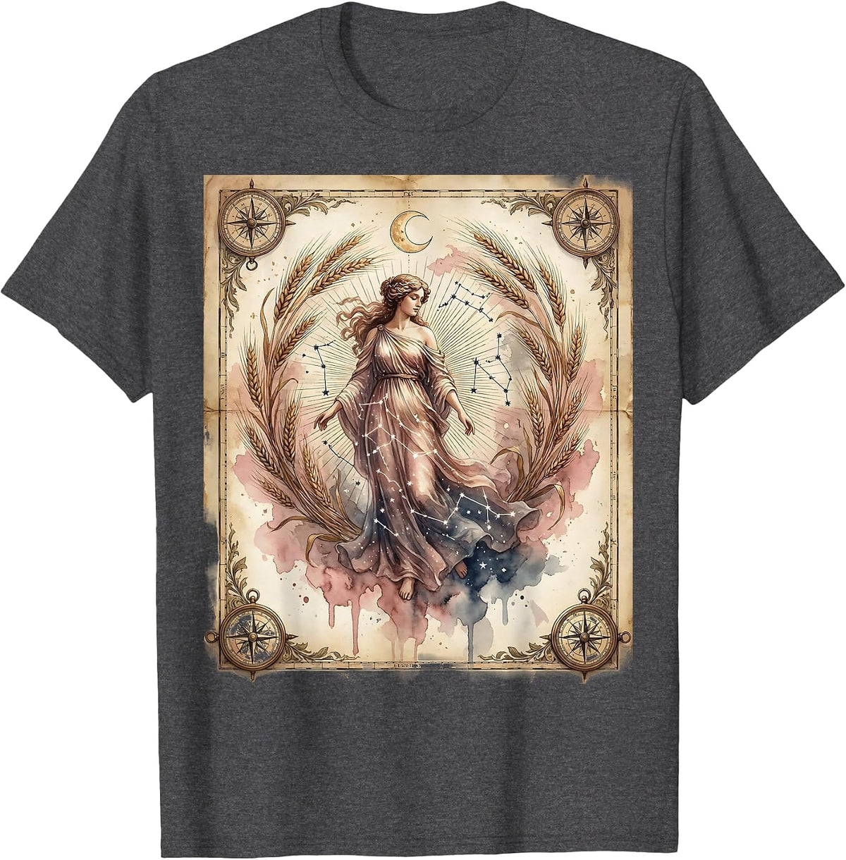 Vintage Celestial Map Virgo Maiden Astrology T-Shirt - Dark Heather Grey