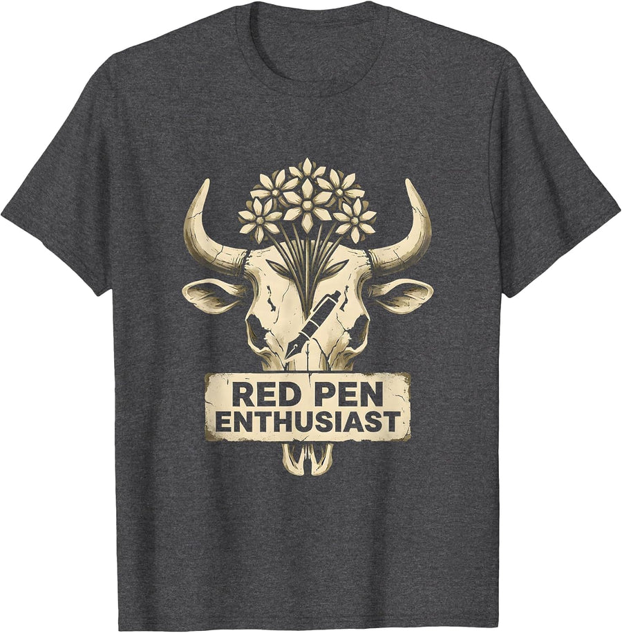 Men's Red Pen Enthusiast English Teacher Design T-Shirt - Dark Heather Grey
