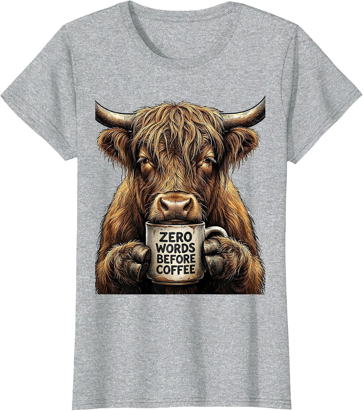 Zero Words Before Coffee Funny Highland Cow Coffee Lover T-Shirt - Heather Grey