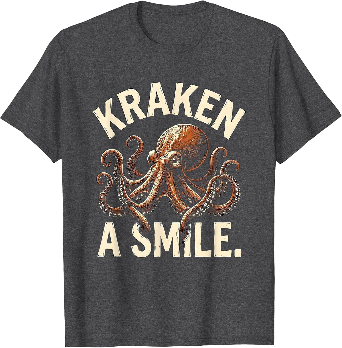 Men's Kraken A Smile Linocut Octopus Lover Marine Biology Humor T-Shirt - Dark Heather Grey