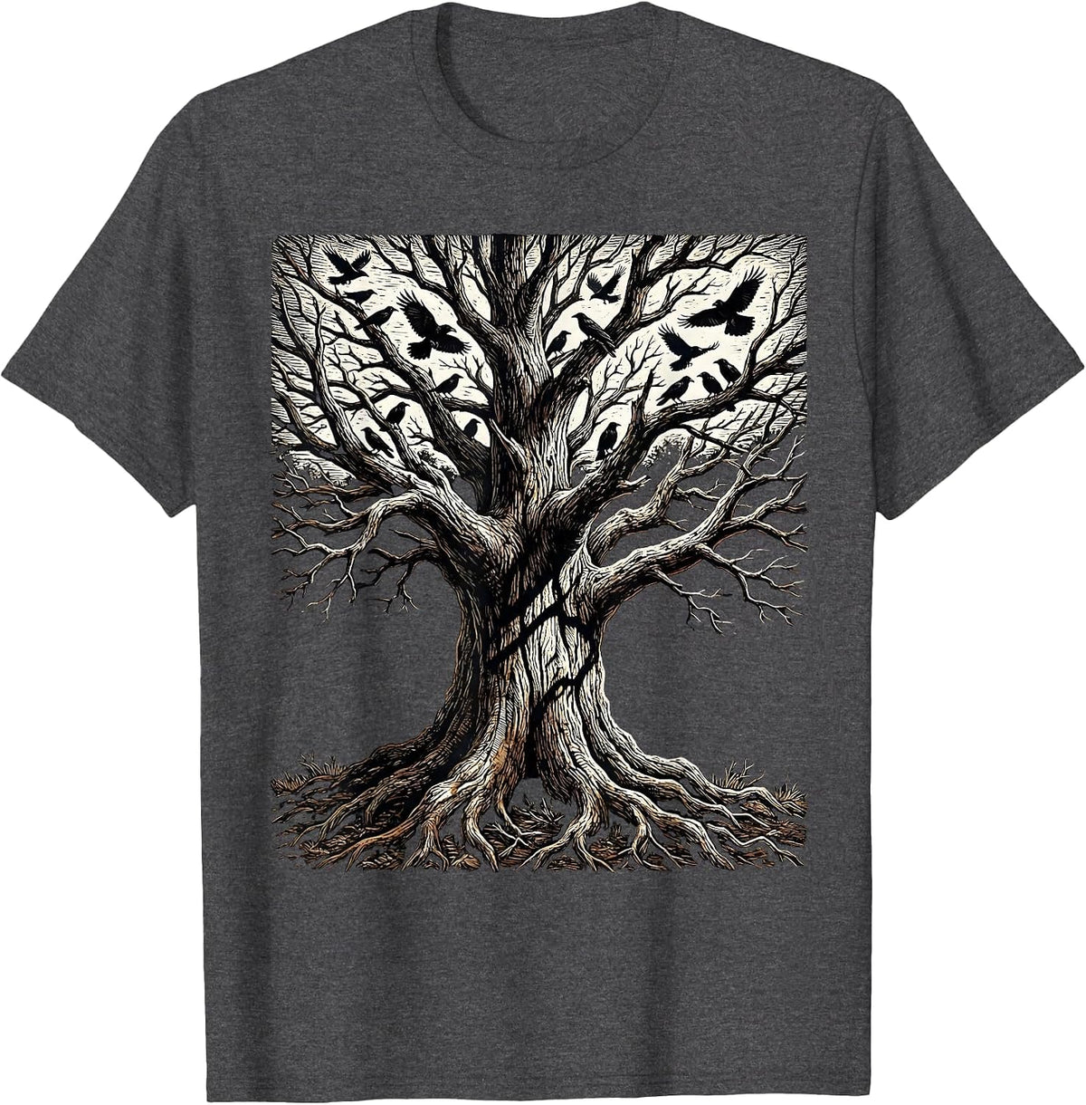 Bare Tree Crow Silhouette Fall Nature Design T-Shirt - Dark Heather Grey