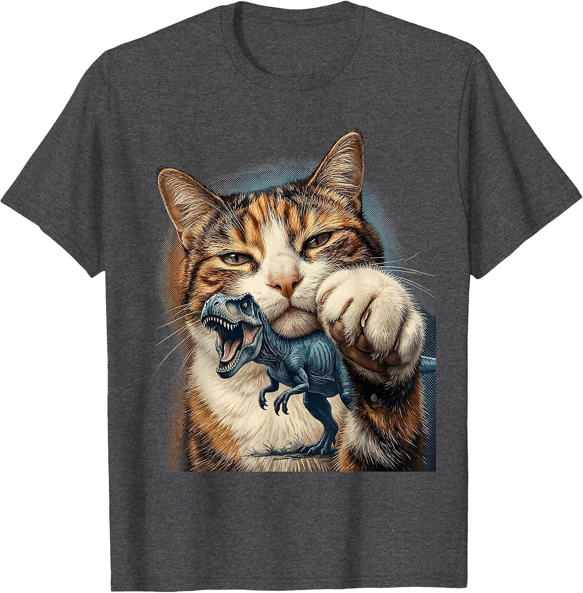 Men's Cat Selfie With T-Rex Dinosaur Funny Meme Cat Lover T-Shirt - Dark Heather Grey